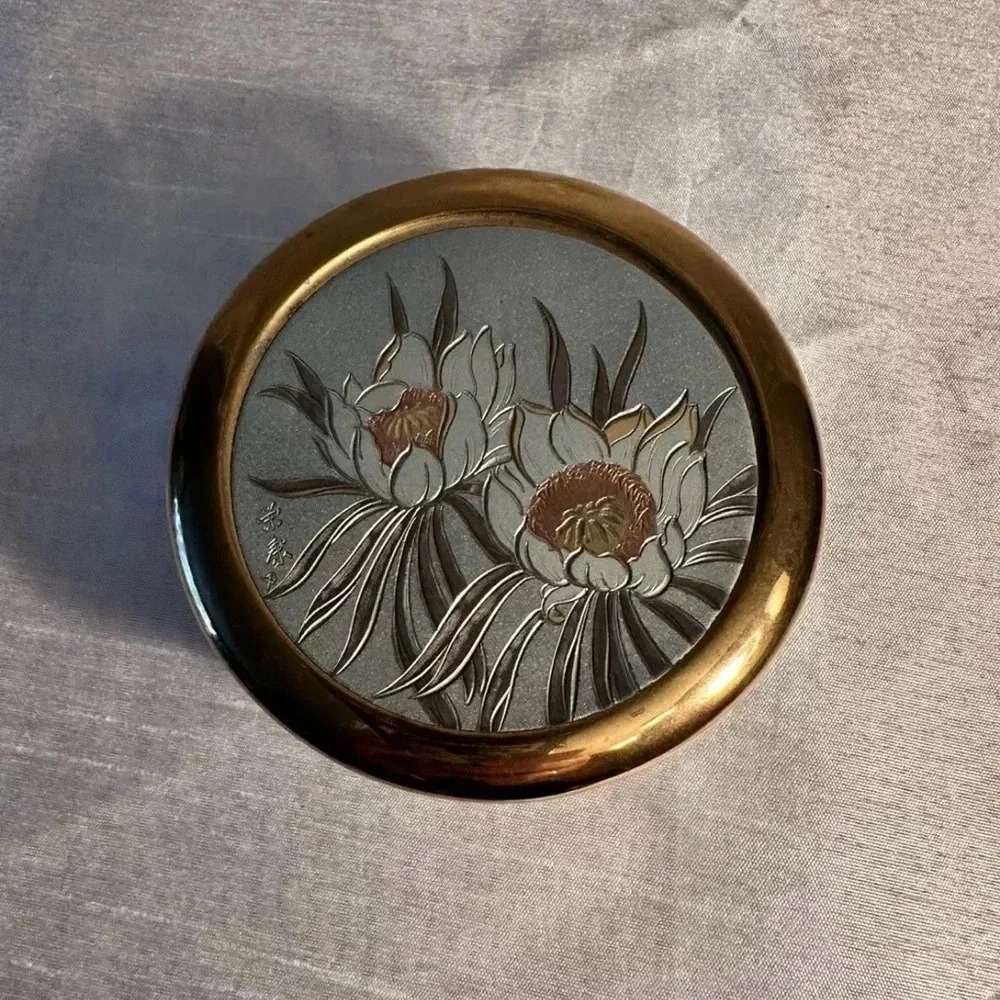 The Art of Chokin Japan Floral Lidded Porcelain Trinket Jar  24K Gold Trim